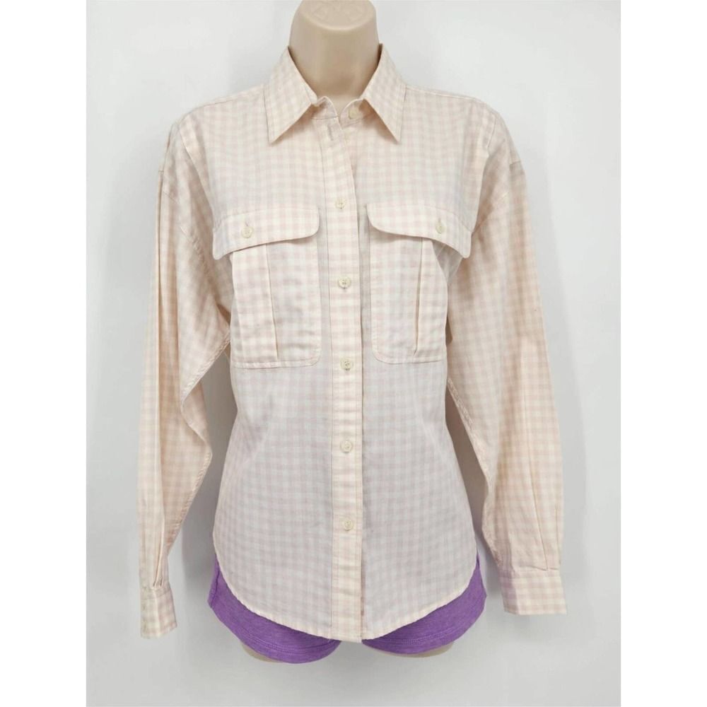 Lizsport Blouse Size Medium Pink White Plaid Cotton Collared Long Sleeve